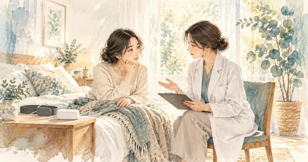 睡眠時無呼吸症候群とは？気づきたい症状と検査・治療の流れをテーマにした水彩イラスト