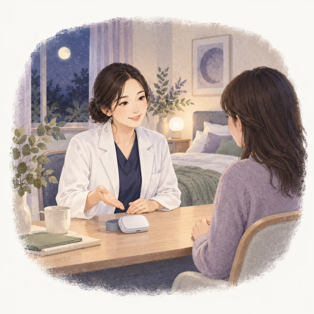 睡眠時無呼吸症候群とは？気づきたい症状と検査・治療の流れの本文を補足する別場面の水彩イラスト
