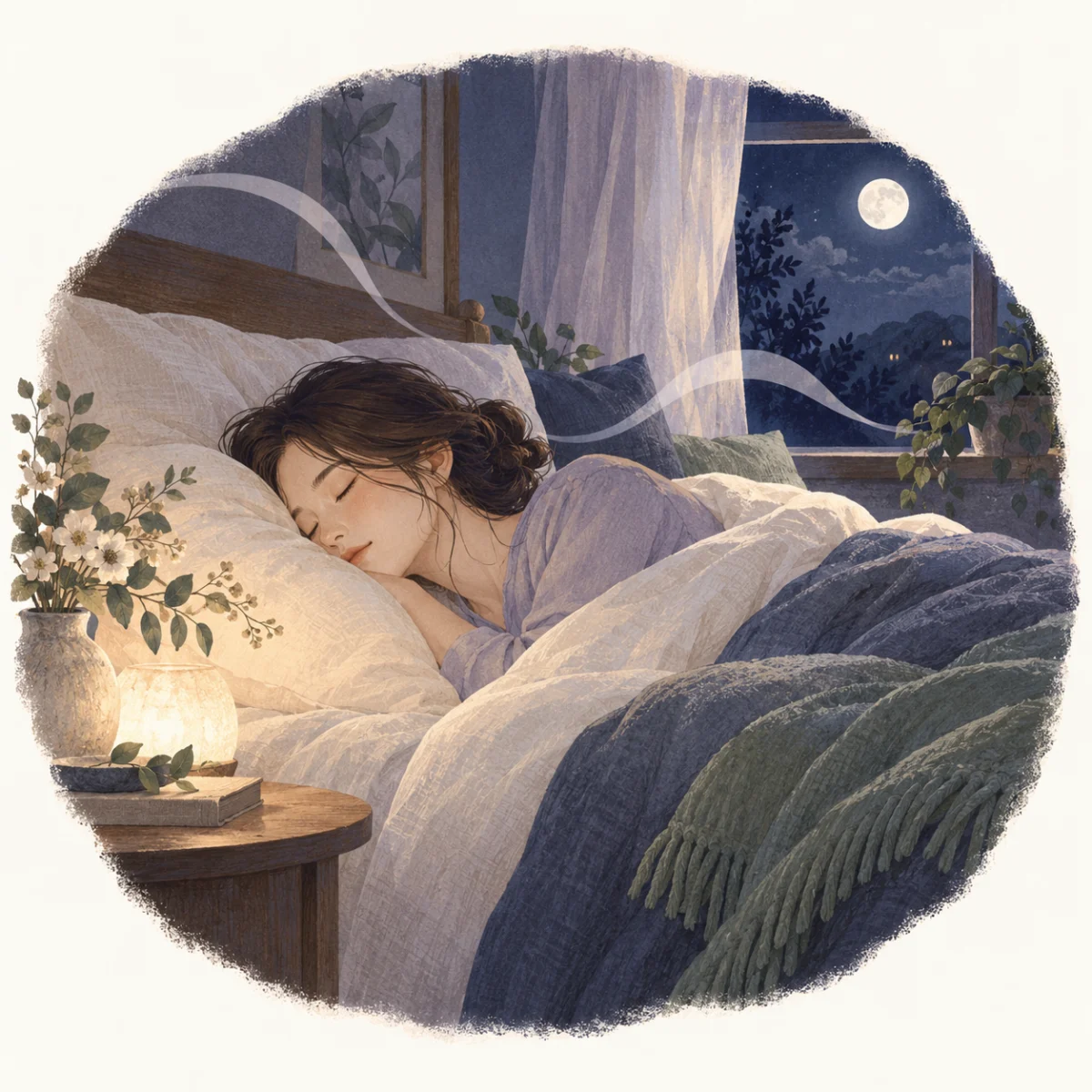 女性のいびきが急にひどくなったら｜考えられる背景と受診の目安の本文を補足する別場面の水彩イラスト