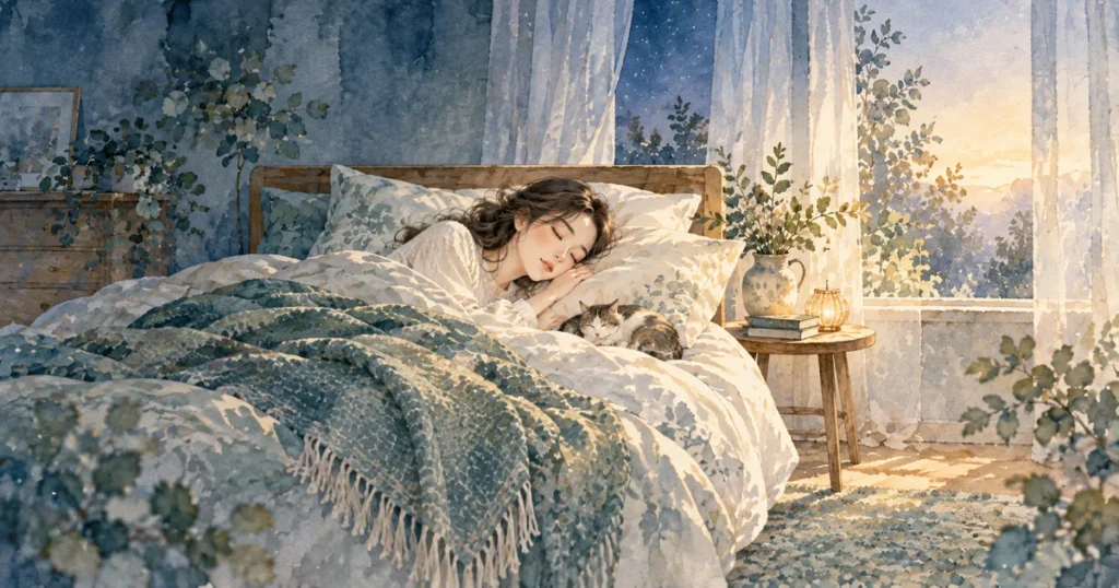 睡眠サイクルとは？90分固定ではない理由と眠りの整え方をテーマにした水彩イラスト
