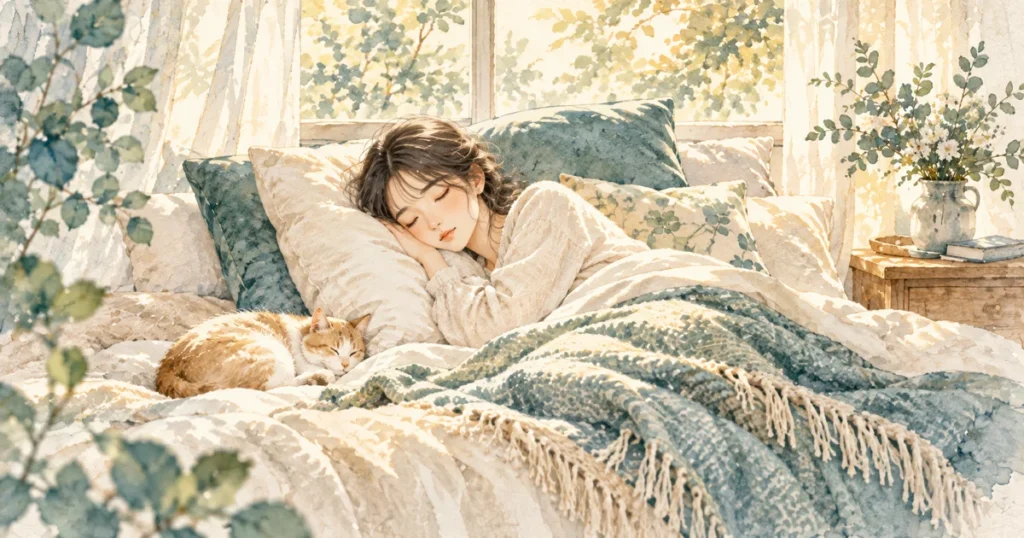 横向き寝でいびきは改善する?試し方と効果の限界をテーマにした水彩イラスト