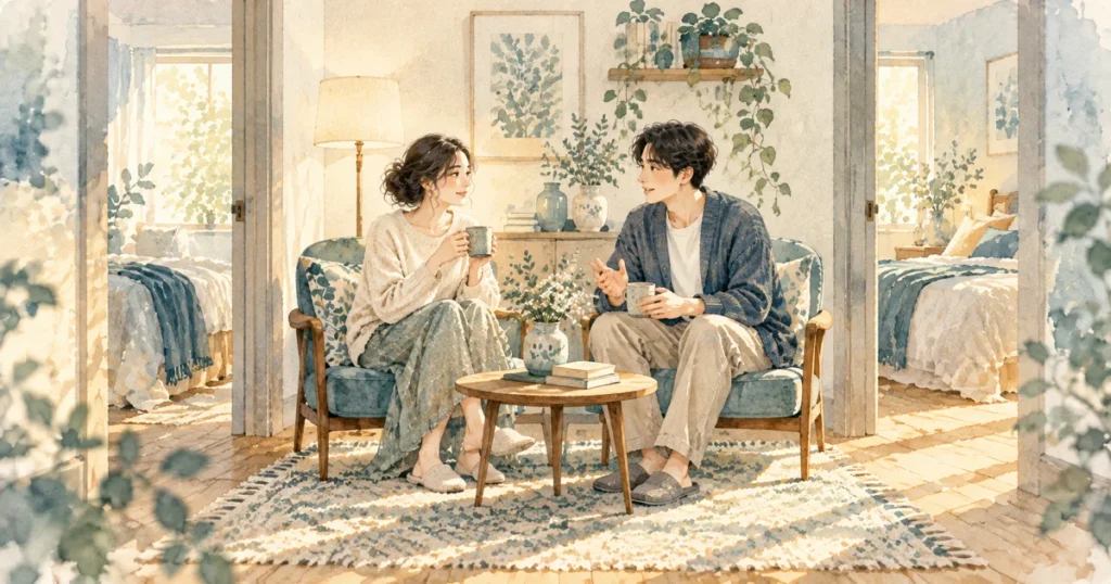 いびきで別室にするのはあり?二人の睡眠を守る決め方をテーマにした水彩イラスト