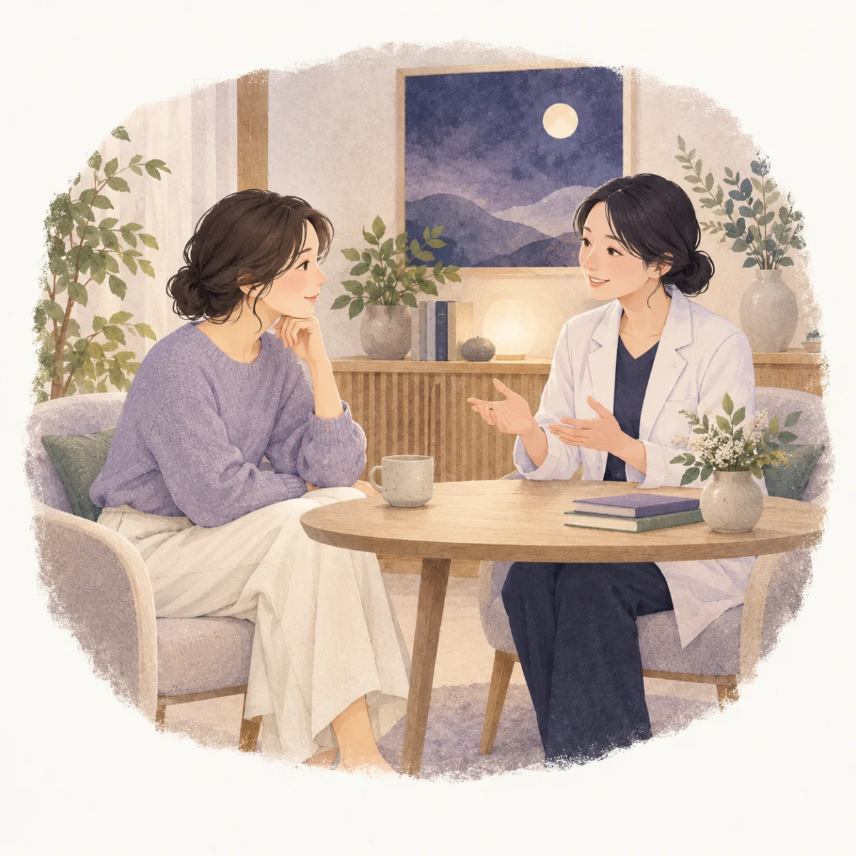 いびきの改善方法|自宅でできる対策と医療機関での治療の本文を補足する別場面の水彩イラスト