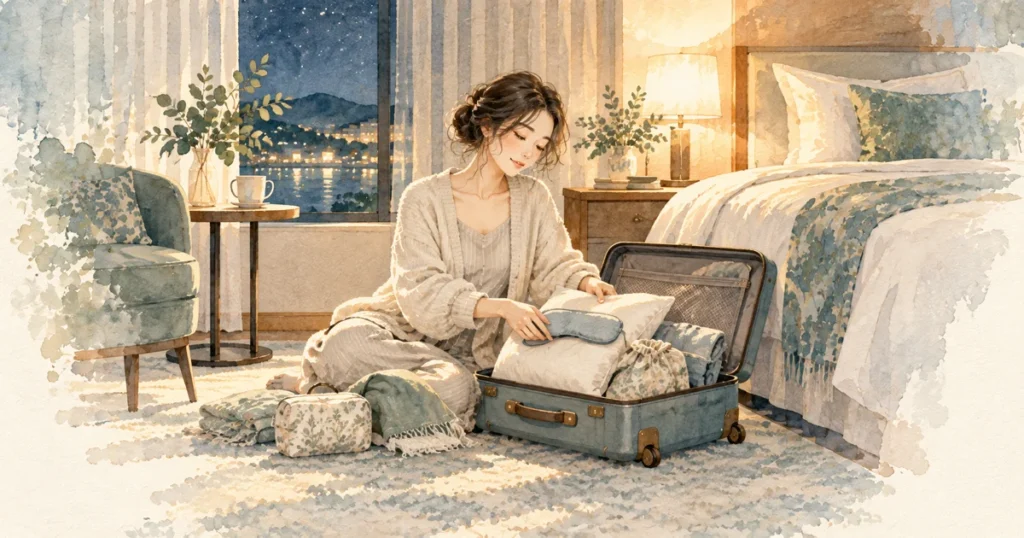 旅行でいびきが心配なときの対策|準備・伝え方・受診の目安をテーマにした水彩イラスト
