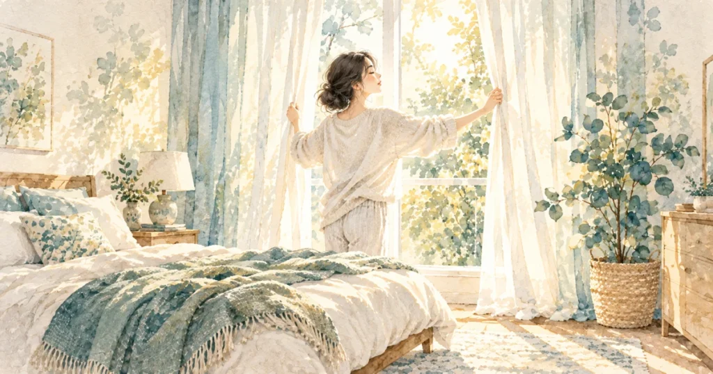 睡眠の質を上げる方法|今日から見直したい12の習慣をテーマにした水彩イラスト