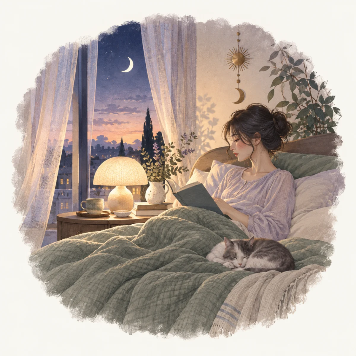 睡眠の質を上げる方法|今日から見直したい12の習慣の本文を補足する別場面の水彩イラスト
