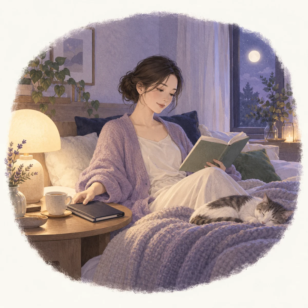 ストレスで眠れないときに｜夜の過ごし方と相談の目安の本文を補足する別場面の水彩イラスト