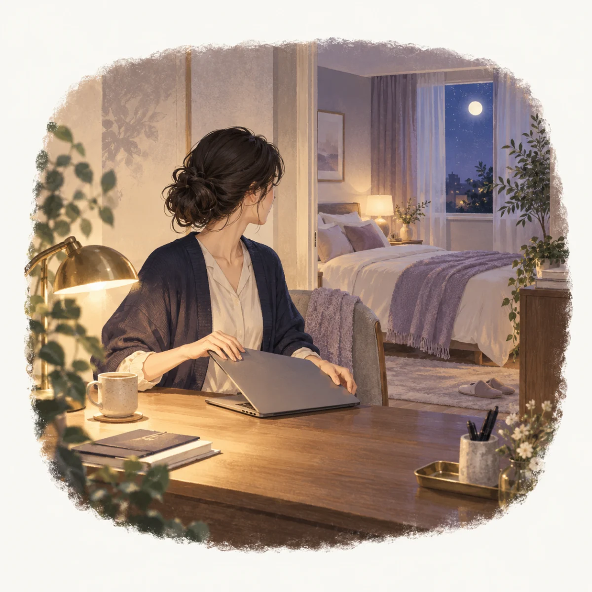 睡眠不足が体に与える影響|日中のサインと立て直す方法の本文を補足する別場面の水彩イラスト