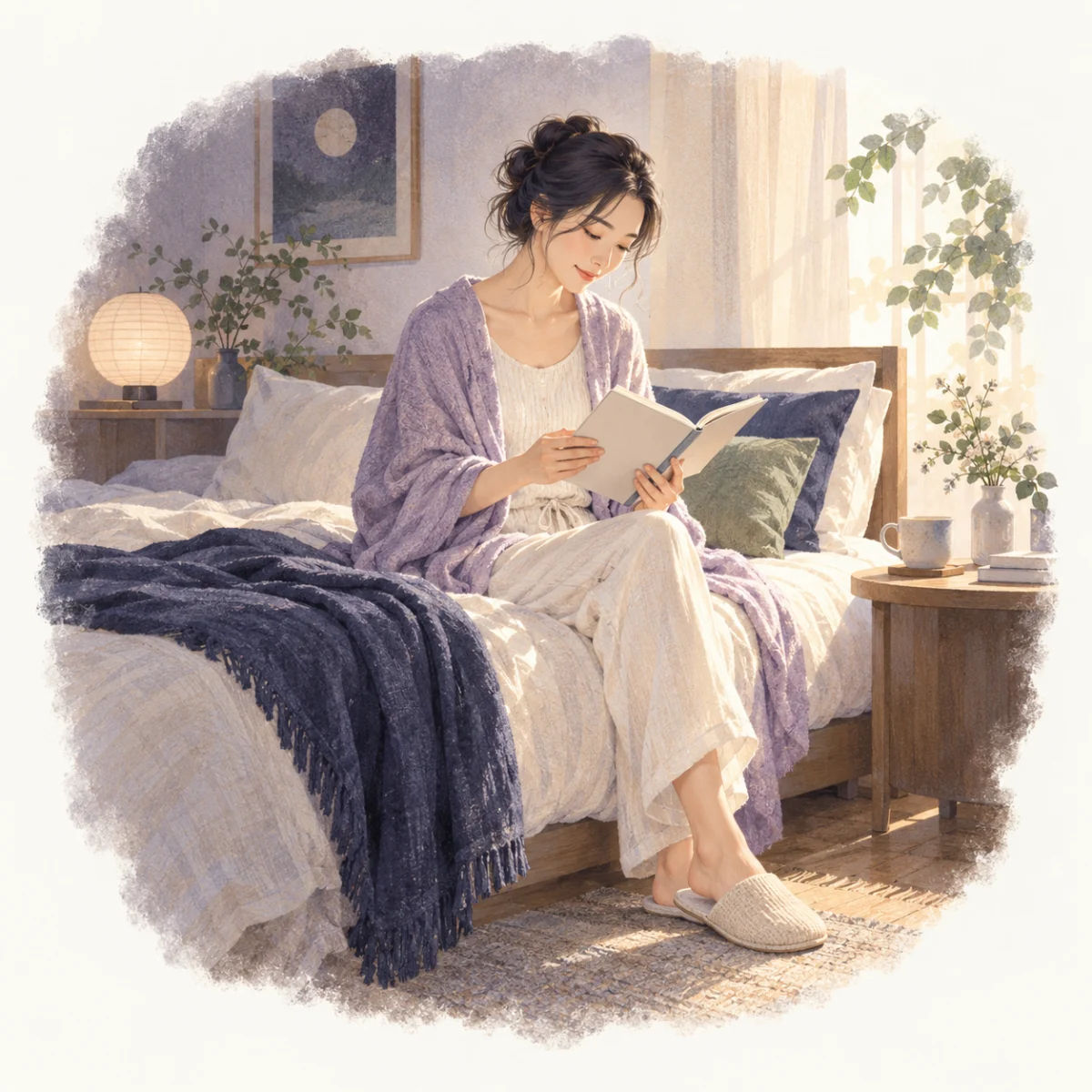 朝起きても疲れが取れない原因とは？生活の見直しと受診の目安の本文を補足する別場面の水彩イラスト