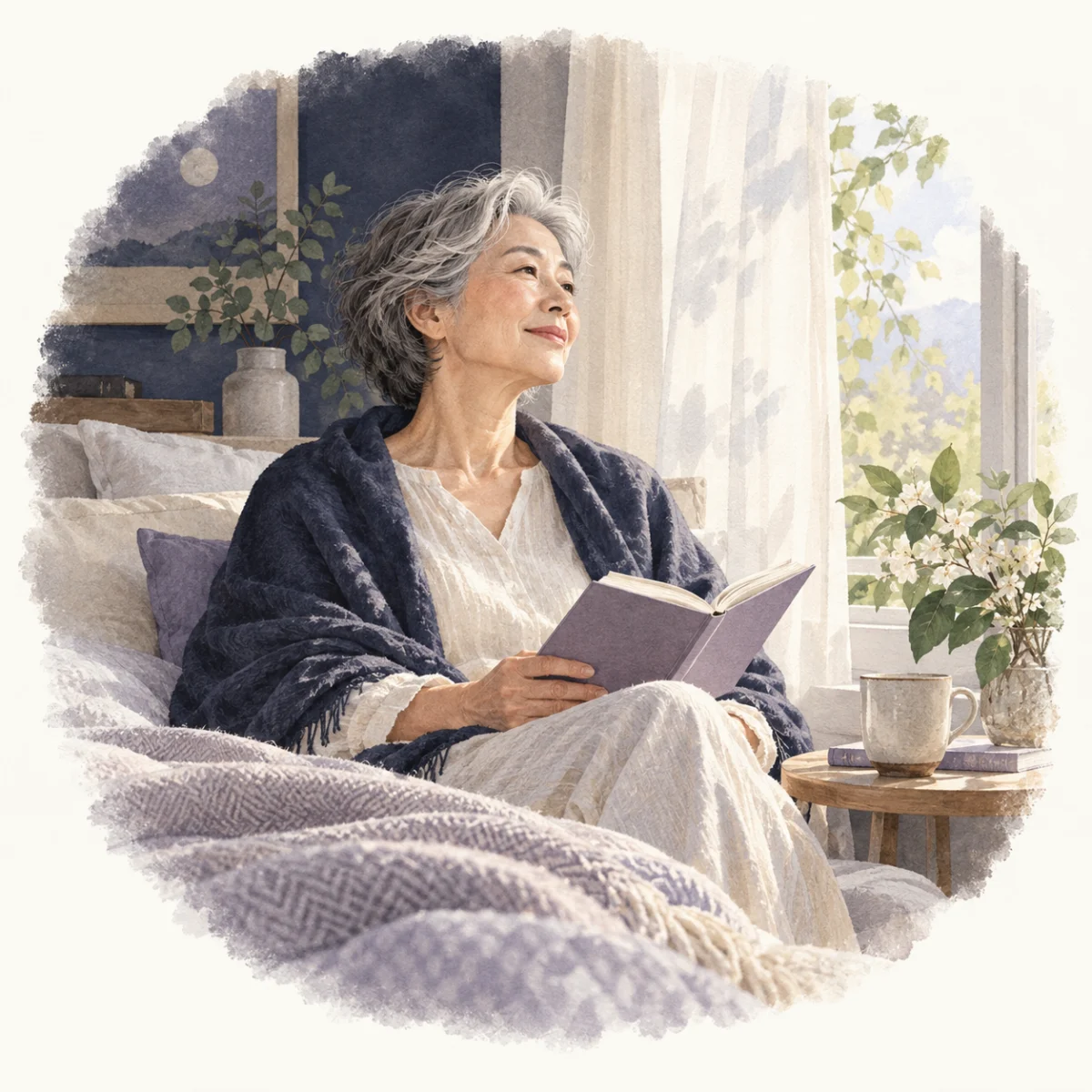 年齢とともに睡眠はどう変わる?加齢による変化と付き合い方の本文を補足する別場面の水彩イラスト