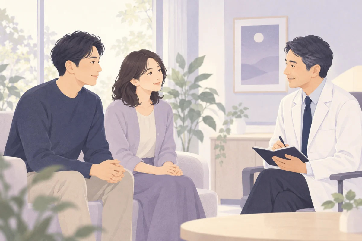 いびきについて専門家に相談する夫婦の水彩イラスト