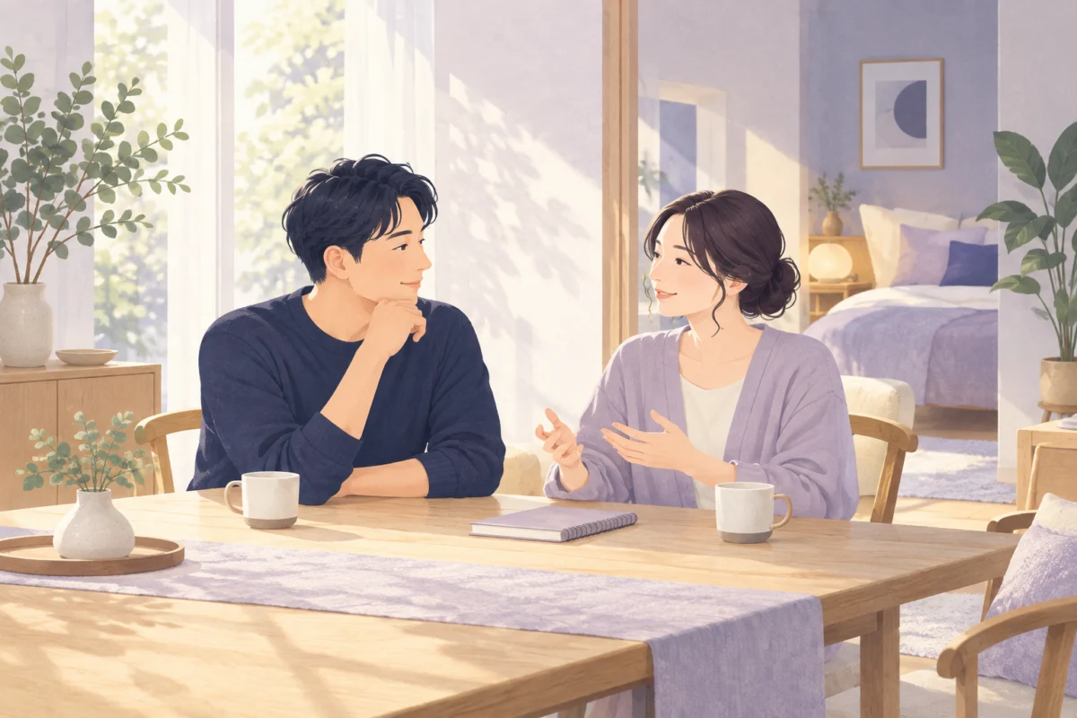睡眠について落ち着いて話し合う夫婦の水彩イラスト