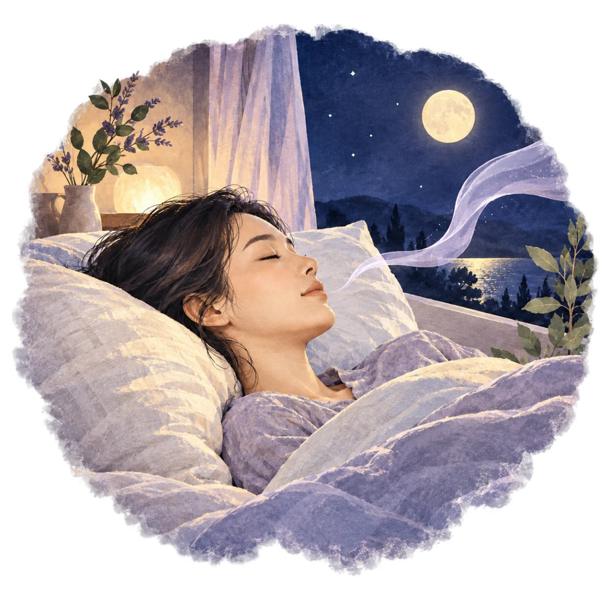 月明かりの寝室で眠る女性を描いた水彩イラスト
