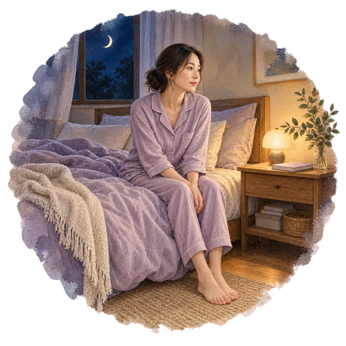 夜中に何度も目が覚める原因とは?中途覚醒の対処法と受診の目安の本文を補足する別場面の水彩イラスト