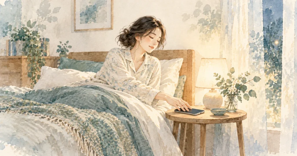 寝る前のスマホは睡眠に影響する?無理なく見直すためのポイントをテーマにした水彩イラスト