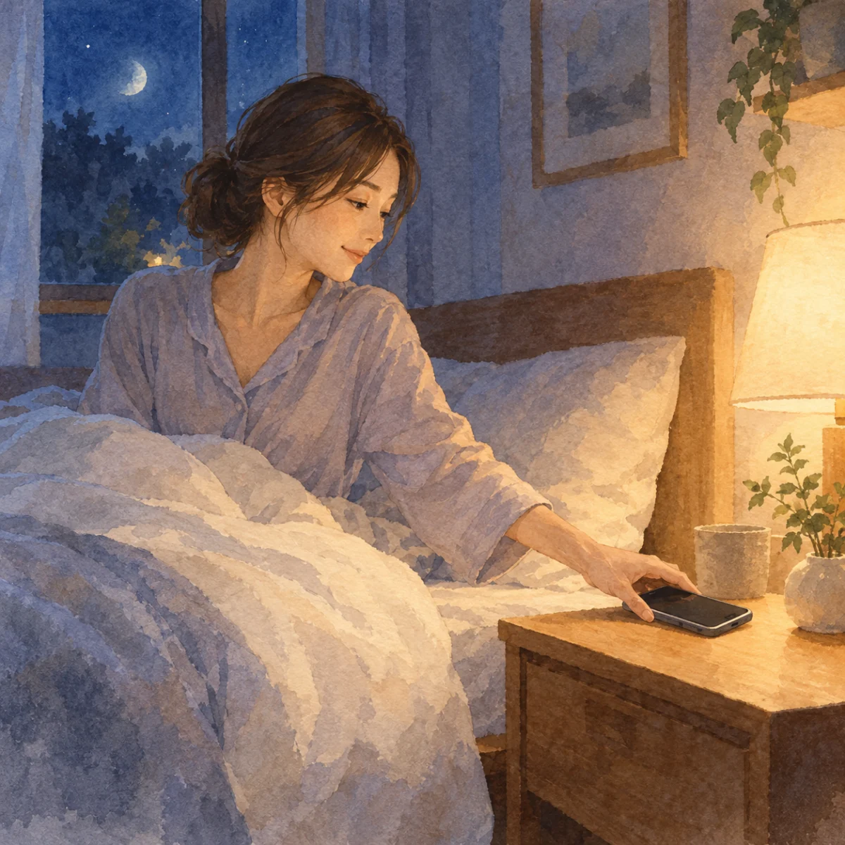 寝る前のスマホは睡眠に影響する?無理なく見直すためのポイントの本文を補足する別場面の水彩イラスト