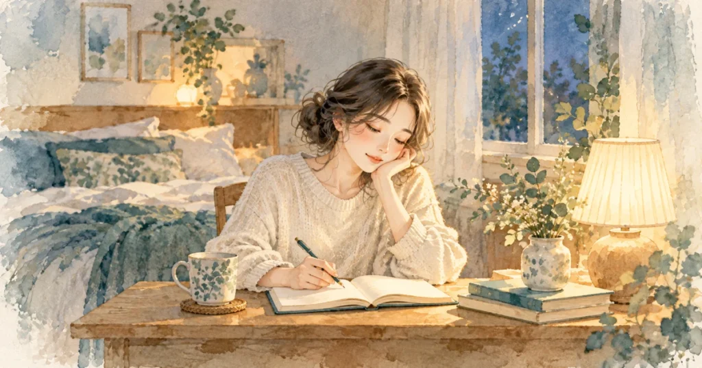 睡眠日誌のつけ方|眠りを振り返るために記録したい項目と続けるコツをテーマにした水彩イラスト