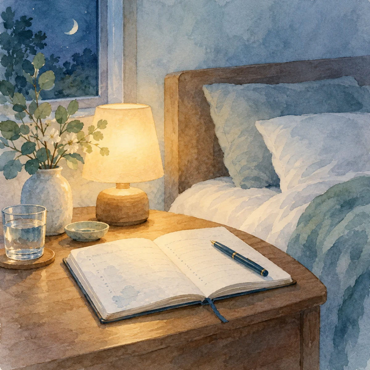 睡眠日誌のつけ方|眠りを振り返るために記録したい項目と続けるコツの本文を補足する別場面の水彩イラスト
