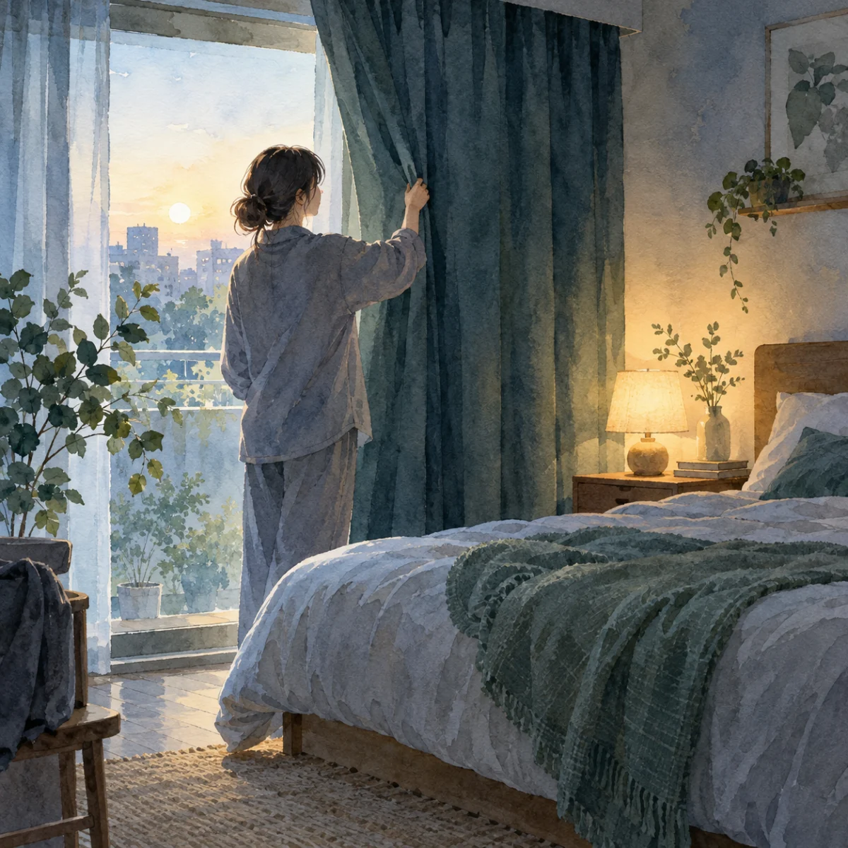 交代勤務で眠れないときの睡眠の整え方|夜勤・早番に合わせた考え方の本文を補足する別場面の水彩イラスト