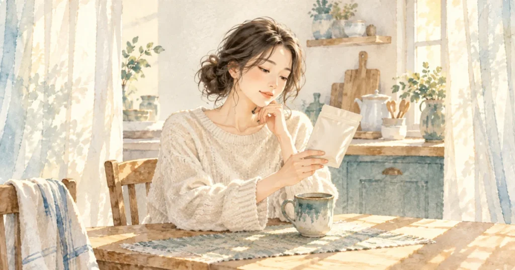 飲み物の袋を確かめる女性とマグカップ