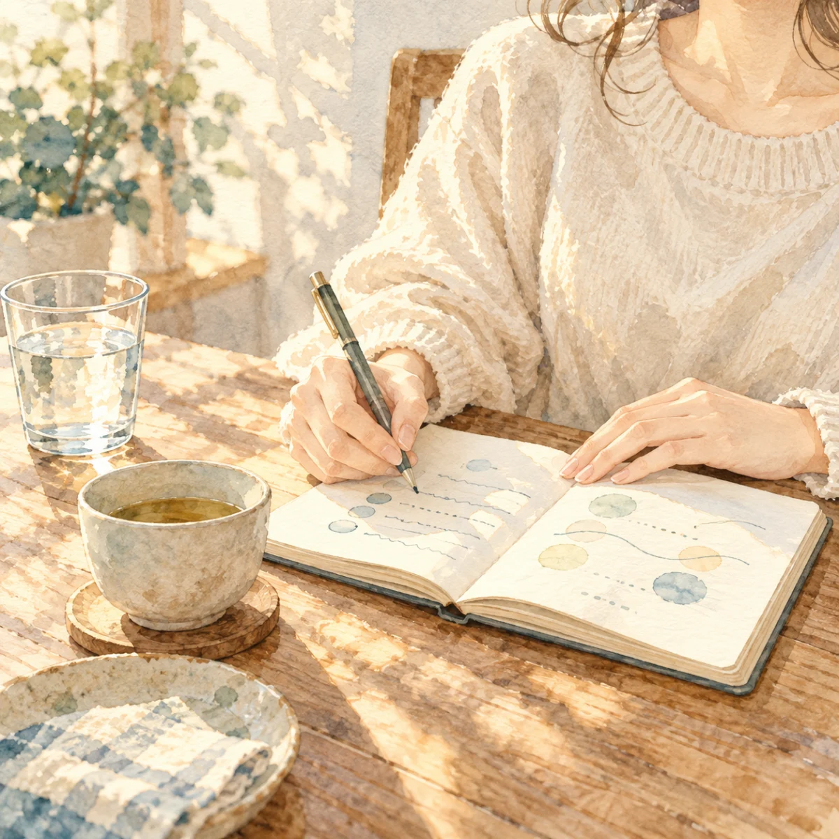 飲んだものを手帳に記録する手元と湯飲み