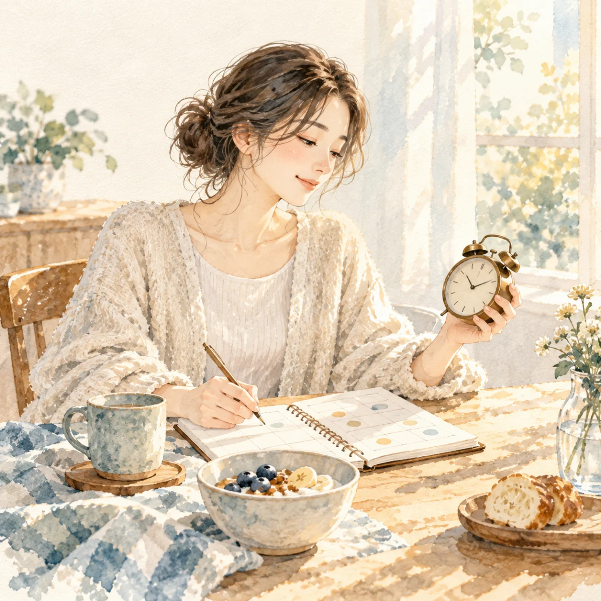 時計と手帳を見比べて生活時間を記録する女性